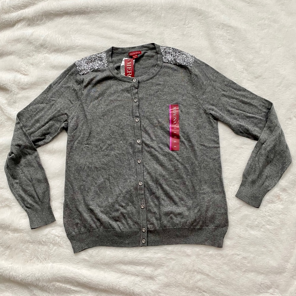 Merona Sequin Shoulder Cardigan Sweater Gray Size XXL